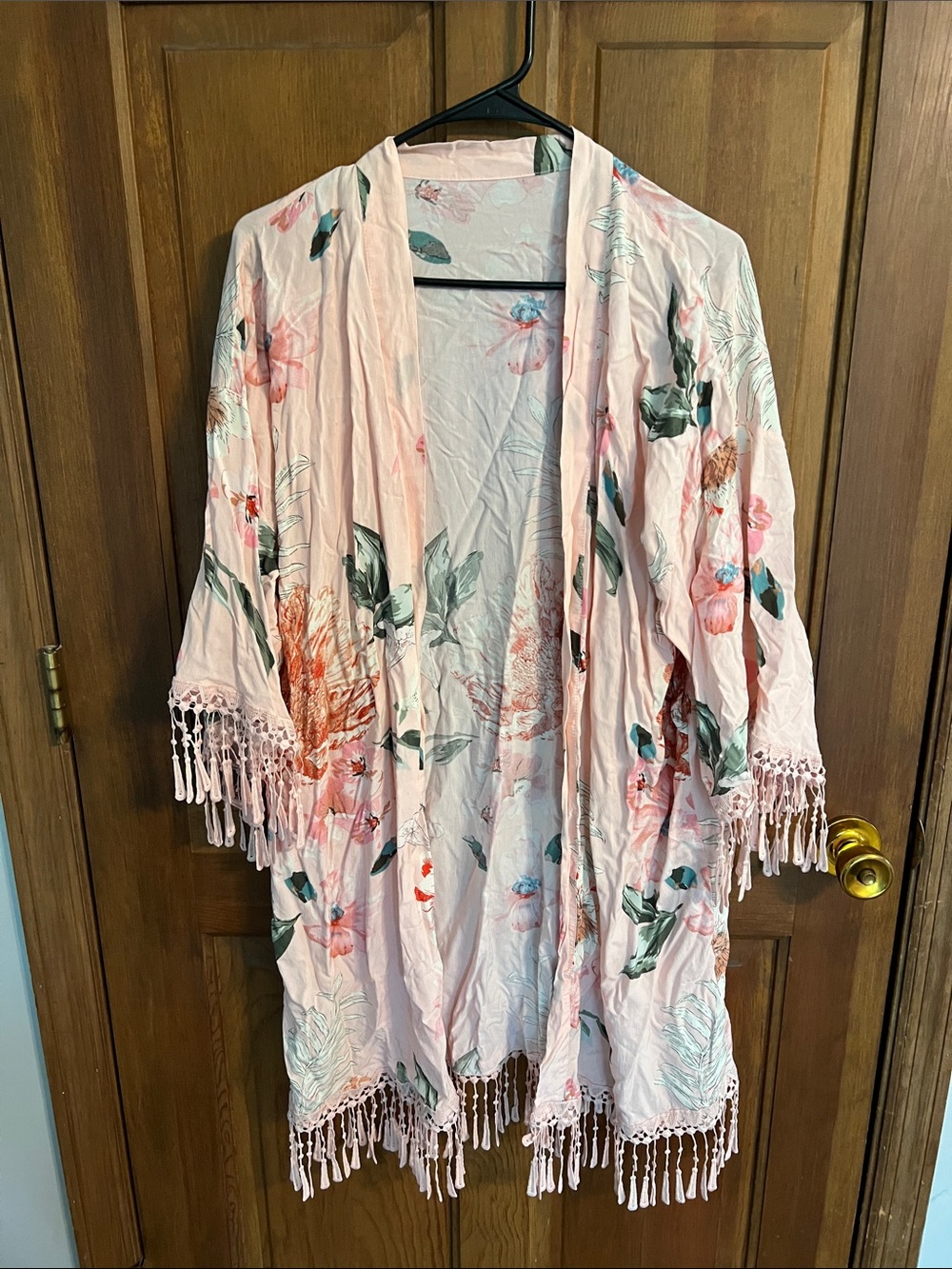 Light Pink Floral Fringe Kimono